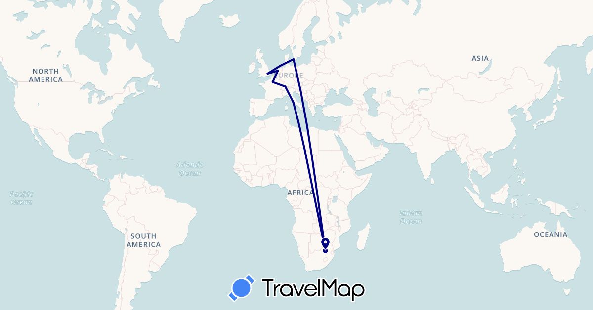 TravelMap itinerary: driving in Switzerland, Denmark, France, United Kingdom, Italy, Netherlands, South Africa (Africa, Europe)